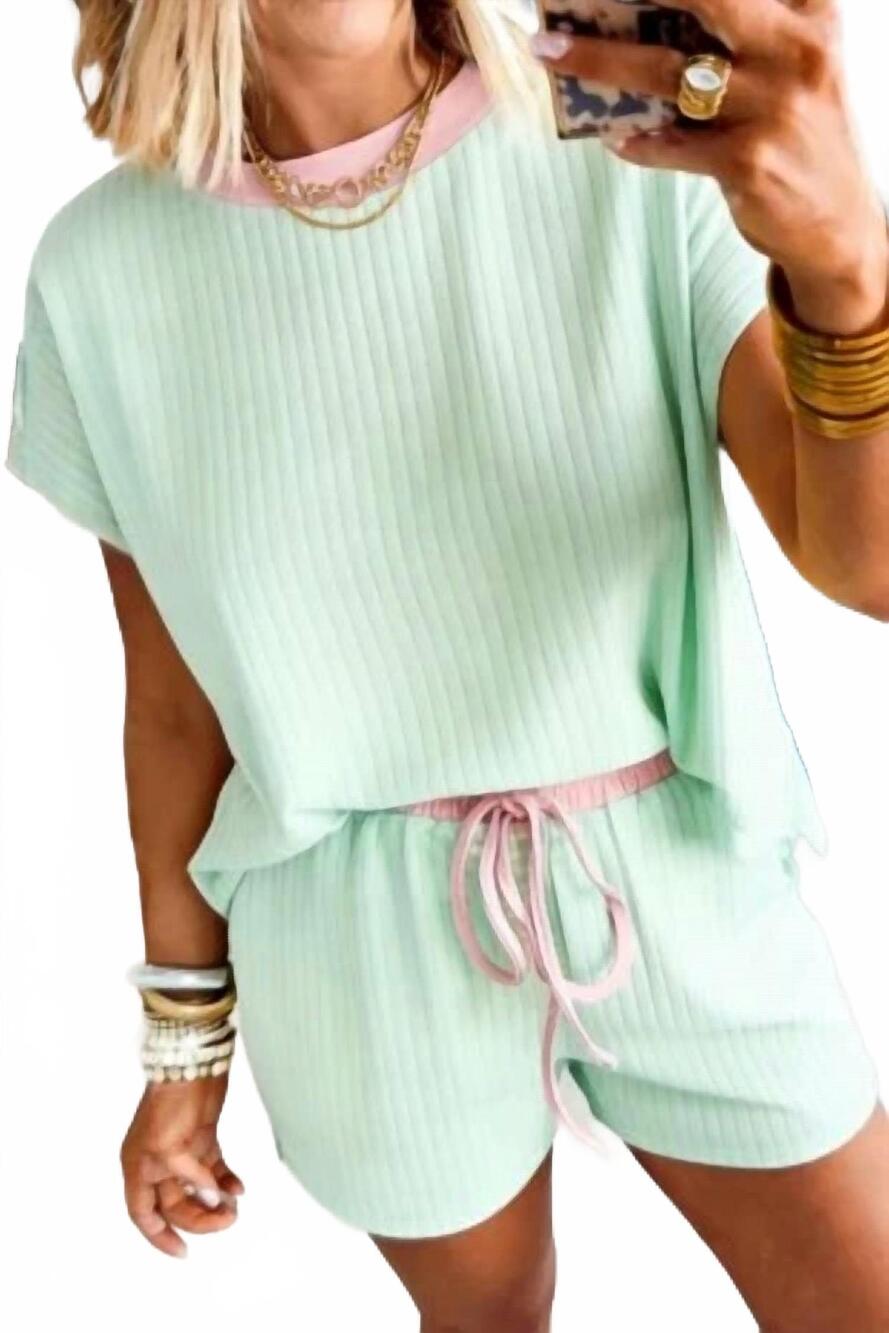 NEW SHEWIN soft ribbed color block trim casual short set in mint
